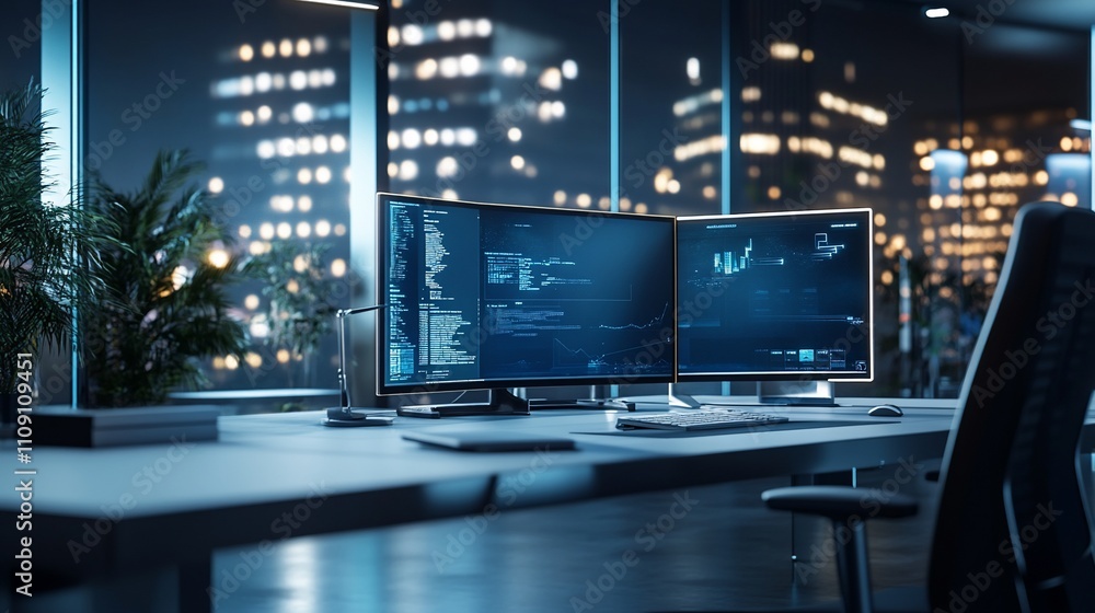 Aufkleber Night office with two monitors displaying code and graphs.