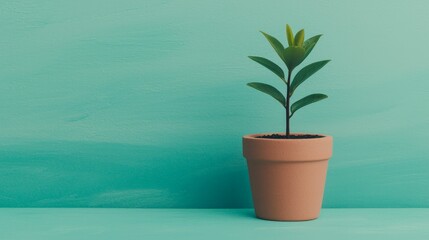 Obraz premium 2049 vision board concept. A small green plant in a terracotta pot sits against a vibrant teal background, symbolizing growth and freshness in a minimalist setting.
