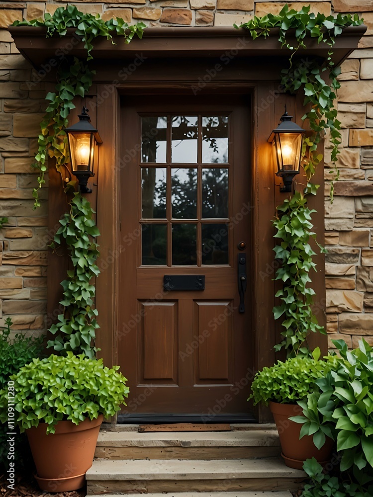 Poster vintage front home with climbing ivy and rustic lanterns, creating an inviting atmosphere.