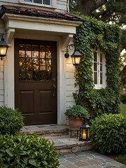 Fototapeta premium Vintage front home with climbing ivy and rustic lanterns, creating an inviting atmosphere.