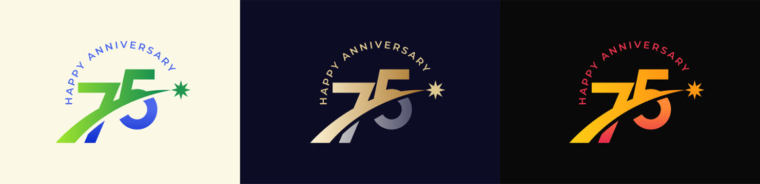 Logo Anniversary with Rising star 75th, 75th Happy Anniversary with Colorful Gradient, Luxury Gold and Silver.