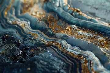Fototapeta premium Abstract Close-Up of Blue and Gold Swirling Liquid with Glittering Texture