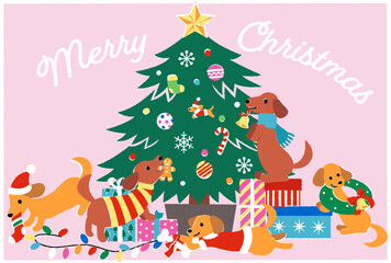 クリスマスを祝うダックスフンドたちのクリスマスカード
