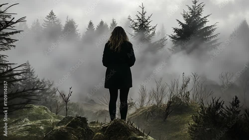 Poster mysterious figure stands in foggy forest surrounded by trees and mist at dawn