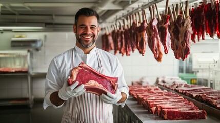 Fototapeta premium Butcher holding large cut of beef in meat locker