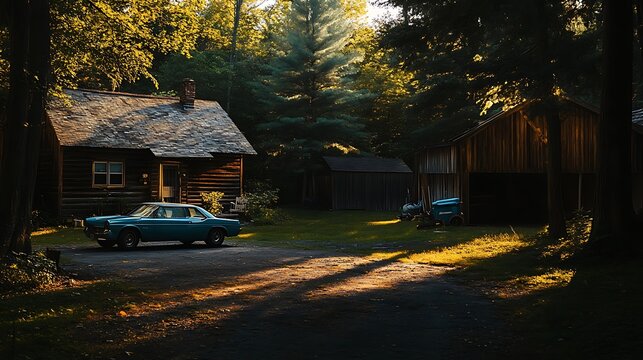 Classic Car Parked Near Rustic Cabin In Woods