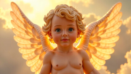 Fototapeta premium Golden Sunlit Cupid with Majestic Wings Symbolizing Love and Mythology in High-Resolutio