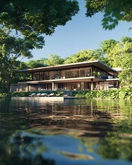 Fototapeta premium A modern house surrounded by lush greenery near a tranquil body of water.