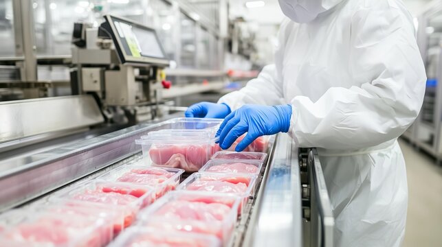 Food technician handling fresh meat packages on conveyor belt in processing plant