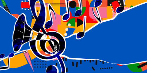 Colorful G-clef with gramophone horn isolated vector illustration design. Music background. Retro phonograph horn with music notes, music festival poster, concert events, party flyer