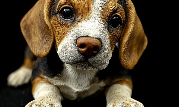 A lifelike sculpture of a beagle puppy with expressive eyes and detailed fur.