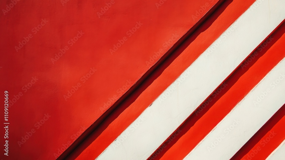 Poster bold red background with evenly spaced red and white diagonal stripes creating a striking visual des