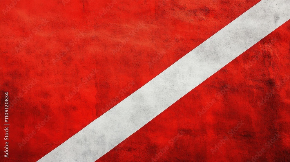 Poster bold red background with evenly spaced red and white diagonal stripes creating a striking visual des