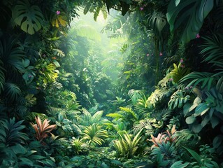 Illustrate a dense tropical jungle scene teeming with various plants and vines