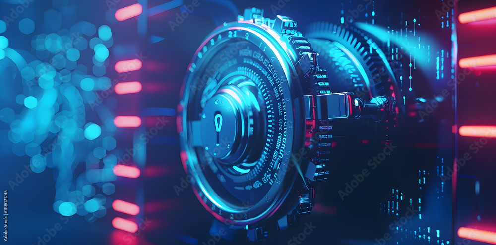 Poster a futuristic close-up of a high-tech device with glowing elements and intricate details.