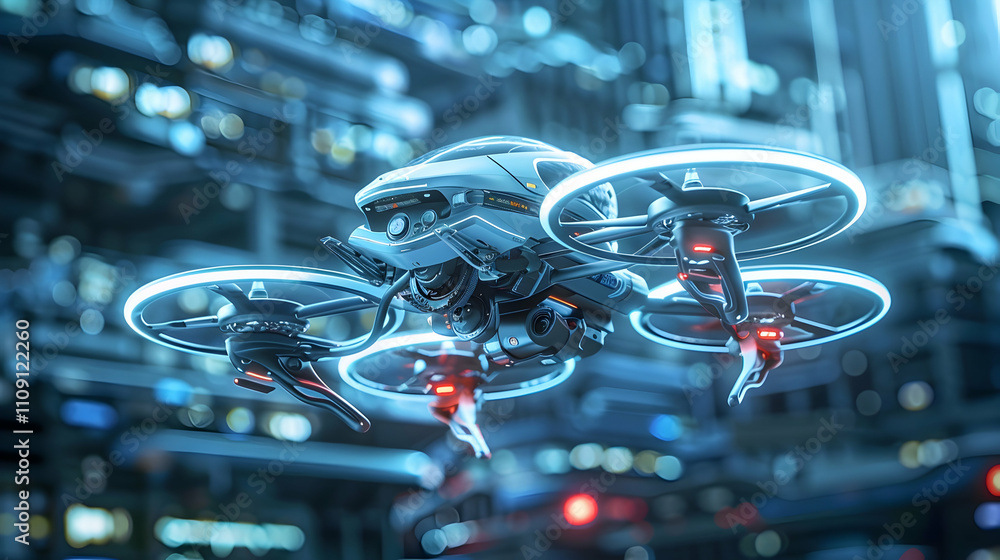 Poster a futuristic drone hovering in a high-tech urban environment with glowing features.