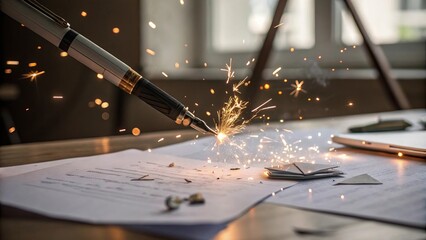 Sparks from a pen symbolizing labor, technology, and the creation of new and interesting original content.