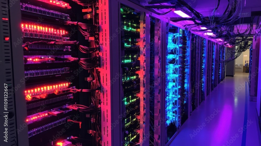 Poster bright led server racks in a high-tech environment, showcasing the cutting-edge trends shaping inter