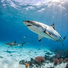Fototapeta premium huge white sharks in blue ocean swim underwater