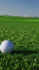 Obraz premium A serene golf scene: white ball on vibrant green grass under sunlight. Rolling hills, clear sky create tranquil ambiance for leisurely game.