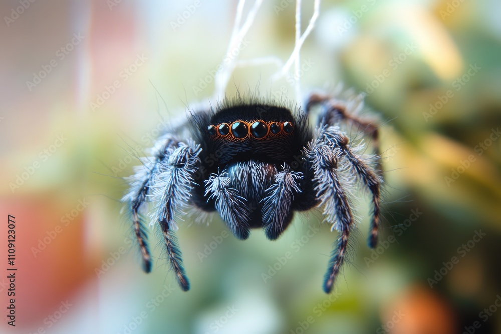 Poster A close-up view of a spider perched on a string, highlighting its intricate details