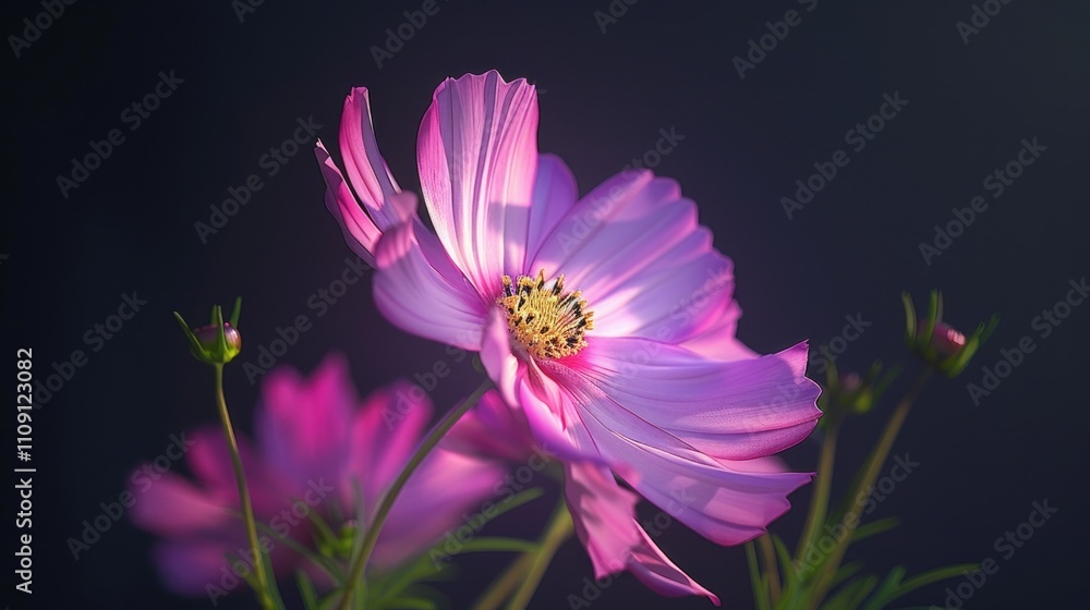 Poster a close-up shot of a pink flower against a dark background, ideal for use in designs and artworks wh