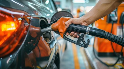 Fototapeta premium Person refuels orange car at station with orange nozzle on black hose; another orange car in background.