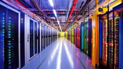 Fototapeta premium Brightly illuminated wires interconnect server racks in a modern facility, symbolizing the evolution of global internet infrastructure