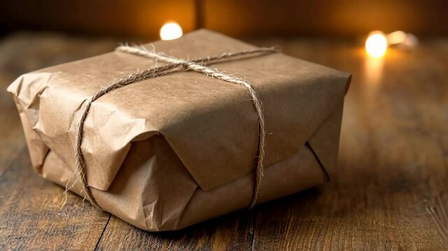 Wrapped package resting on a wooden table with warm lights in the background during evening hours