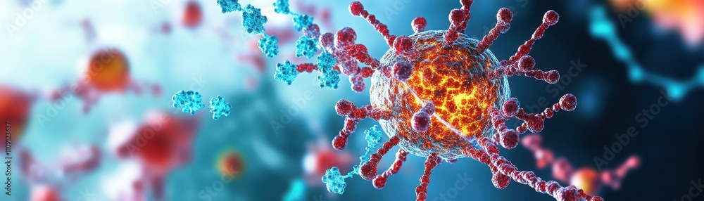 Poster a close-up view of a virus, showcasing intricate structures and vibrant colors, representing the com