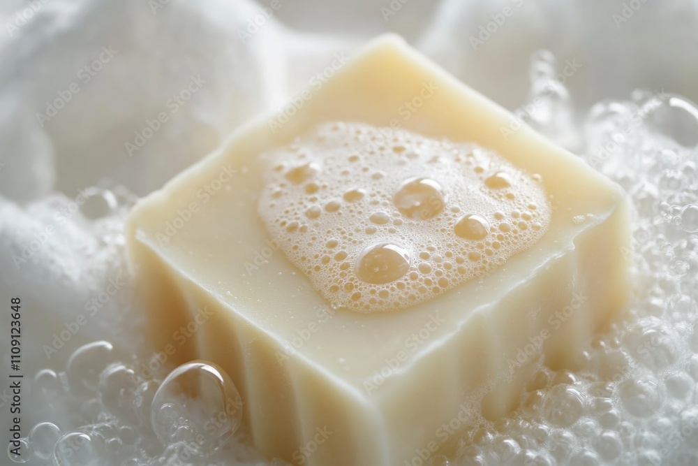Poster a soap bar sits atop a pile of soap bubbles, waiting to be used