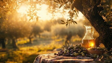 Olive grove with ancient olive trees full of ripe green and black olives