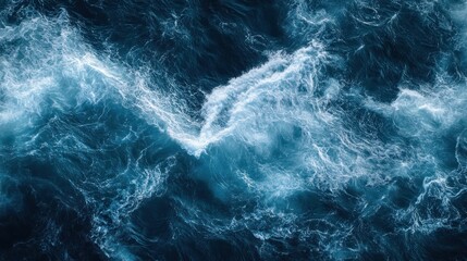 A blue ocean with white waves, seen from above. The water is dark and deep, creating an atmosphere of mystery and depth. In the center there's space for text or other elements.