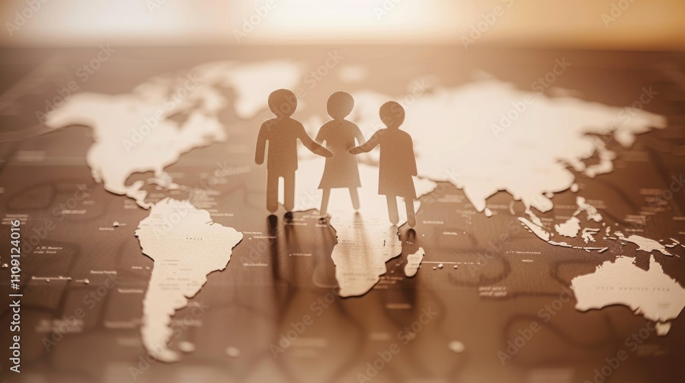 Poster Group of people standing on top of a world map, symbolizing global unity and understanding