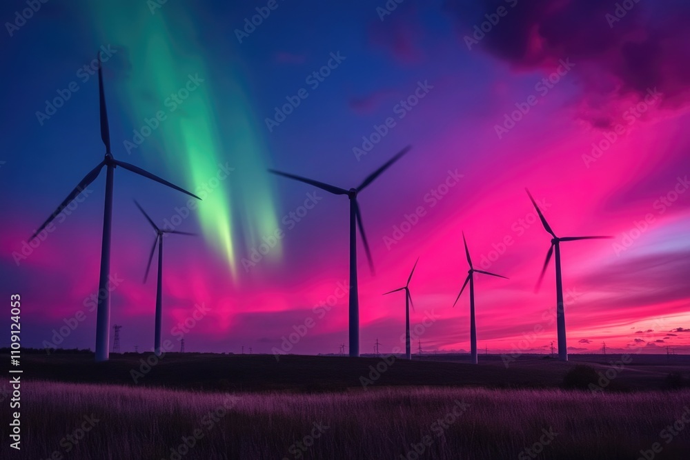 Poster a group of windmills illuminated by the vibrant colors of an aurora borealis