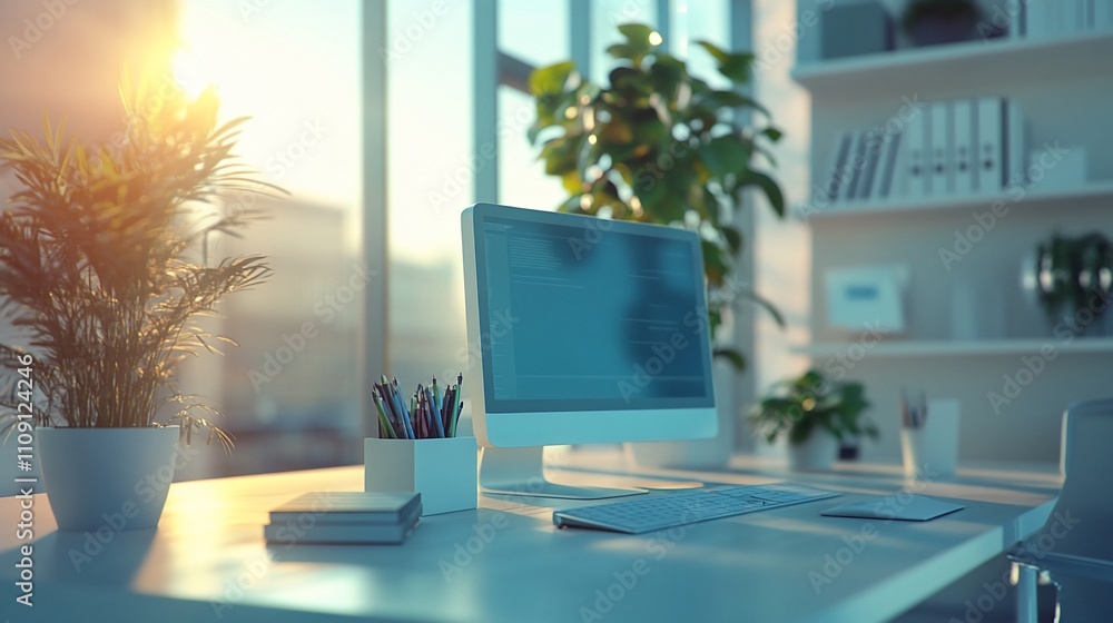 Poster Sunlit modern office workspace with computer.