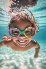 Naklejka premium A young girl enjoying swimming in the water while wearing goggles
