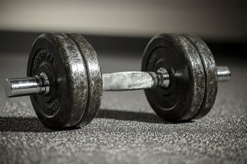 Fototapeta premium Close-up of a pair of dumbbells lying on the floor, often used in fitness and exercise contexts