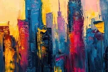 Fototapeta premium Painted cityscape with colorful buildings, great for editorial or commercial use