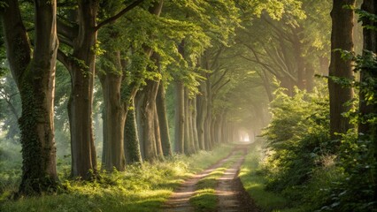 Obraz premium Serene Woodland Path Through a Vibrant Forest