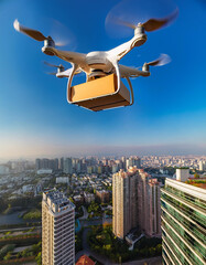 Delivery Drone Hovering Over a Bustling Cityscape, Advancing Urban Logistics and Modern Technology