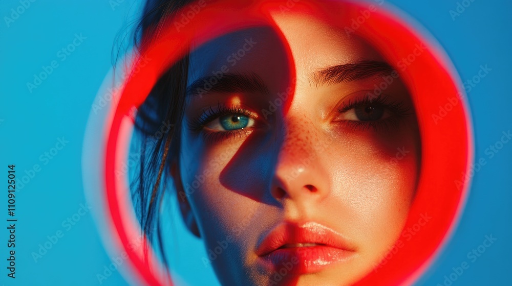 Poster a close-up shot of a woman's face seen through a bright red circle, ideal for use in designs or illu