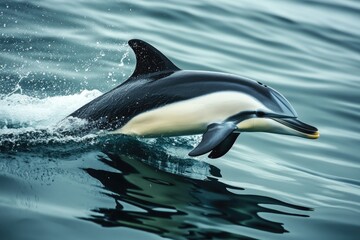 Fototapeta premium A dolphin swimming in the ocean with its mouth open, great for water or wildlife illustrations