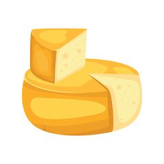 Dairy product concept. Icon or sticker with round cheddar or parmesan cheese with a cut piece. Design element for advertising posters. Cartoon flat vector illustration isolated on white background.