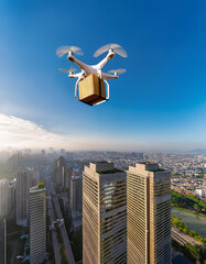 Drone Flying Over Skyscrapers in a Modern City, Revolutionizing Urban Package Delivery