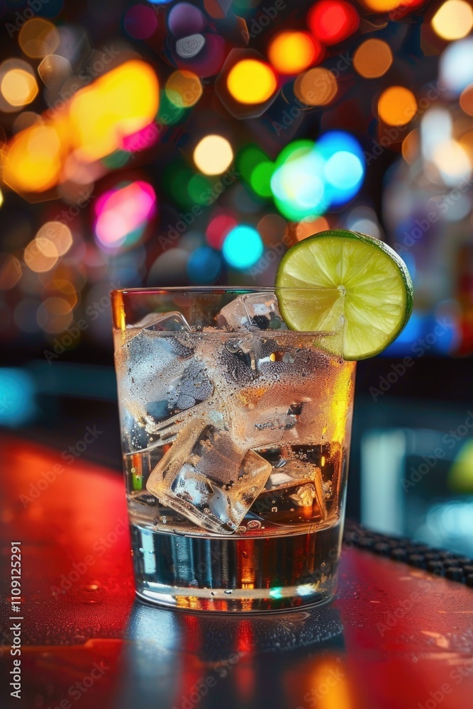 Poster a refreshing drink garnished with a lime slice and floating ice cubes