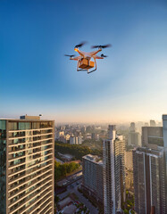 Autonomous Drone Delivering Packages Above a High-Rise Cityscape, Transforming Urban Transportation  