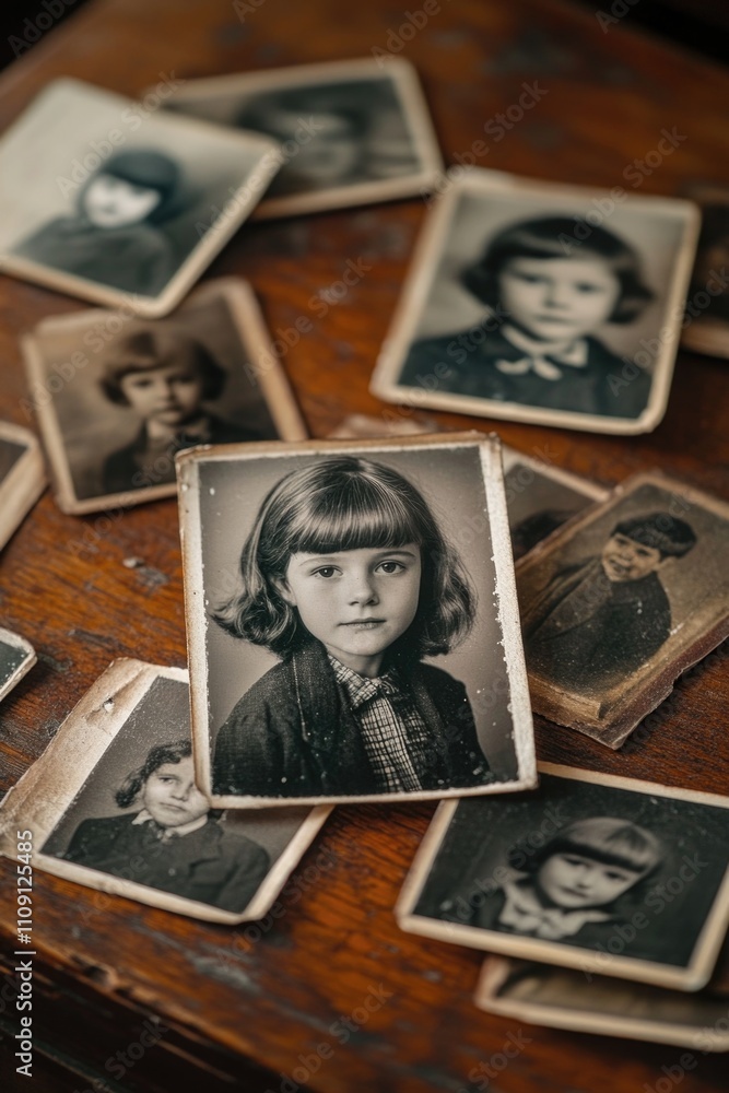 Poster old photographs displayed on a table