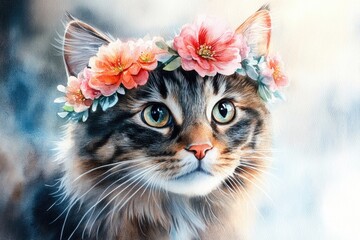 A domestic cat wearing a colorful flower crown, suitable for whimsical or botanical themed designs
