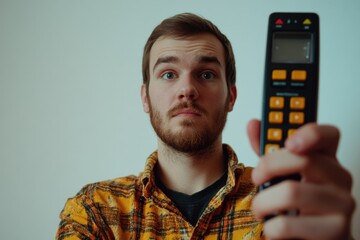A person holding a remote control, useful for technology and media related concepts